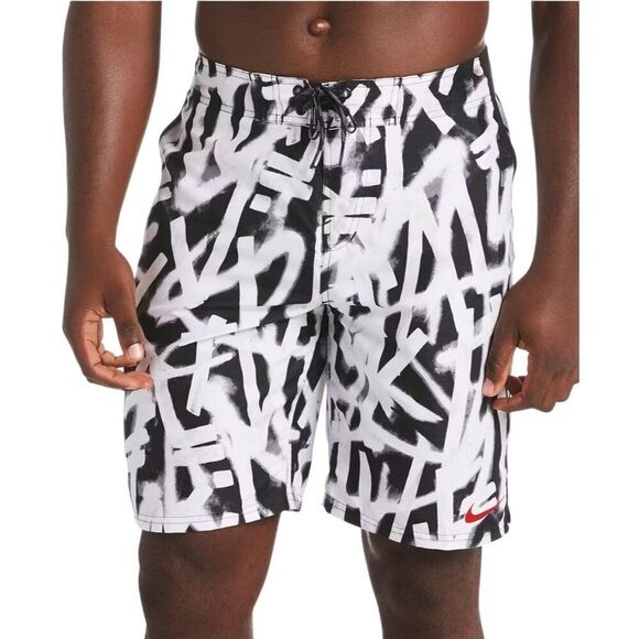 Nike Mens Swim Trunks Size S Black White Graffiti Print Embroidered Logo Sporty - Picture 1 of 8